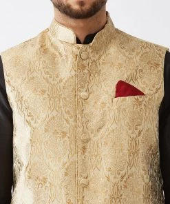 VASTRAMAY Men's Rose Gold Banarasi Jacket With Black Silk Kurta And Dhoti Set