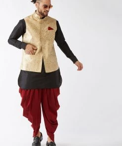 VASTRAMAY Men's Rose Gold Banarasi Jacket With Black Silk Kurta And Dhoti Set