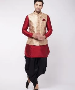VASTRAMAY Men's Rose Gold Woven Nehru Jacket With Maroon And Black Silk Kurta And Dhoti Set