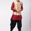 VASTRAMAY Men's Rose Gold Woven Nehru Jacket With Maroon And Black Silk Kurta And Dhoti Set 1 VASTRAMAY Men's Rose Gold Woven Nehru Jacket With Maroon And Black Silk Kurta And Dhoti Set