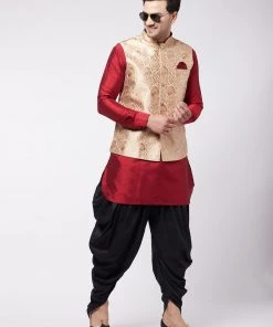 VASTRAMAY Men's Rose Gold Woven Nehru Jacket With Maroon And Black Silk Kurta And Dhoti Set