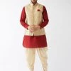VASTRAMAY Men's Rose Gold Banarasi Jacket With Maroon Silk Kurta And Gold Dhoti Set