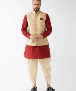VASTRAMAY Men's Rose Gold Banarasi Jacket With Maroon Silk Kurta And Gold Dhoti Set