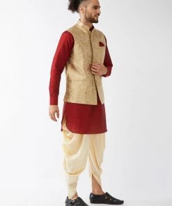 VASTRAMAY Men's Rose Gold Banarasi Jacket With Maroon Silk Kurta And Gold Dhoti Set