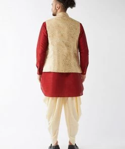 VASTRAMAY Men's Rose Gold Banarasi Jacket With Maroon Silk Kurta And Gold Dhoti Set