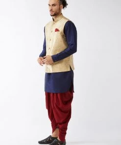 VASTRAMAY Men's Rose Gold Banarasi Jacket With Navy Blue Silk Kurta And Dhoti Set