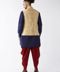 VASTRAMAY Men's Rose Gold Banarasi Jacket With Navy Blue Silk Kurta And Dhoti Set