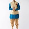 VASTRAMAY Men's Banarasi Jacket With Turquoise Cotton Silk Blend Kurta And Dhoti Pant Set