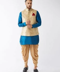 VASTRAMAY Men's Banarasi Jacket With Turquoise Cotton Silk Blend Kurta And Dhoti Pant Set