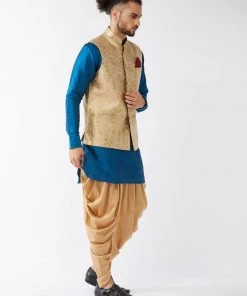 VASTRAMAY Men's Banarasi Jacket With Turquoise Cotton Silk Blend Kurta And Dhoti Pant Set
