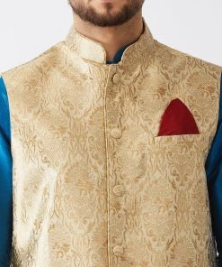 VASTRAMAY Men's Banarasi Jacket With Turquoise Cotton Silk Blend Kurta And Dhoti Pant Set