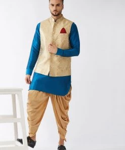 VASTRAMAY Men's Banarasi Jacket With Turquoise Cotton Silk Blend Kurta And Dhoti Pant Set