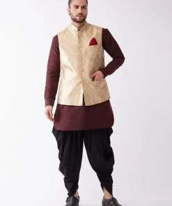 VASTRAMAY Men's Gold Banarasi Jacket With Burgundy And Black Silk Kurta And Dhoti Set