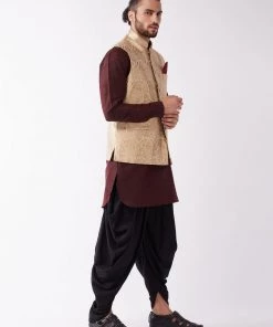 VASTRAMAY Men's Gold Banarasi Jacket With Burgundy And Black Silk Kurta And Dhoti Set