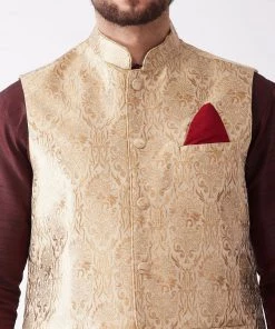 VASTRAMAY Men's Gold Banarasi Jacket With Burgundy And Black Silk Kurta And Dhoti Set