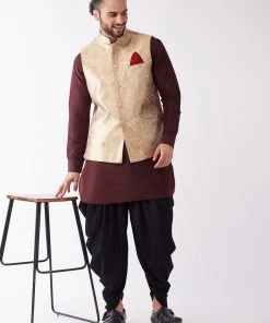 VASTRAMAY Men's Gold Banarasi Jacket With Burgundy And Black Silk Kurta And Dhoti Set