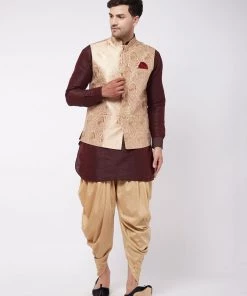 VASTRAMAY Men's Gold Banarasi Nehru Jacket With Burgundy And Gold Silk Kurta And Dhoti Set