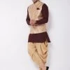 VASTRAMAY Men's Gold Banarasi Nehru Jacket With Burgundy And Gold Silk Kurta And Dhoti Set