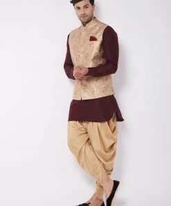 VASTRAMAY Men's Gold Banarasi Nehru Jacket With Burgundy And Gold Silk Kurta And Dhoti Set