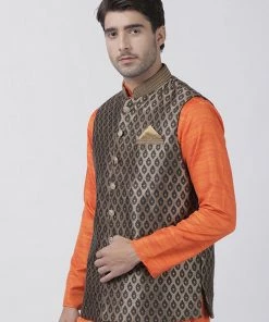 Vastramay Men's Black Cotton Silk Blend Ethnic Jacket