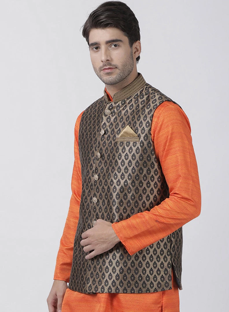 Vastramay Silk Blend Black And Gold Baap Beta Ethnic Jacket 7 Vastramay Silk Blend Black And Gold Baap Beta Ethnic Jacket