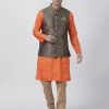 Vastramay Men's Orange Cotton Silk Blend Kurta, Ethnic Jacket And Pyjama Set