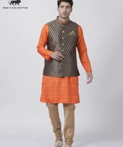 Vastramay Men's Orange Cotton Silk Blend Kurta, Ethnic Jacket And Pyjama Set