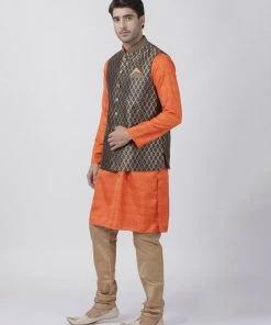 Vastramay Men's Orange Cotton Silk Blend Kurta, Ethnic Jacket And Pyjama Set