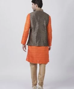 Vastramay Men's Orange Cotton Silk Blend Kurta, Ethnic Jacket And Pyjama Set