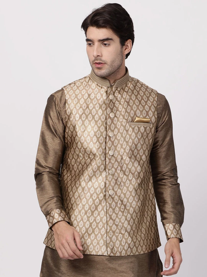 Vastramay Men's Gold Cotton Silk Blend Ethnic Jacket 3 Vastramay Men's Gold Cotton Silk Blend Ethnic Jacket