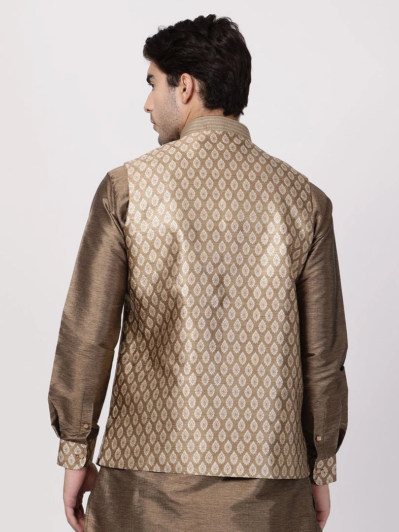 Vastramay Men's Gold Cotton Silk Blend Ethnic Jacket 6 Vastramay Men's Gold Cotton Silk Blend Ethnic Jacket