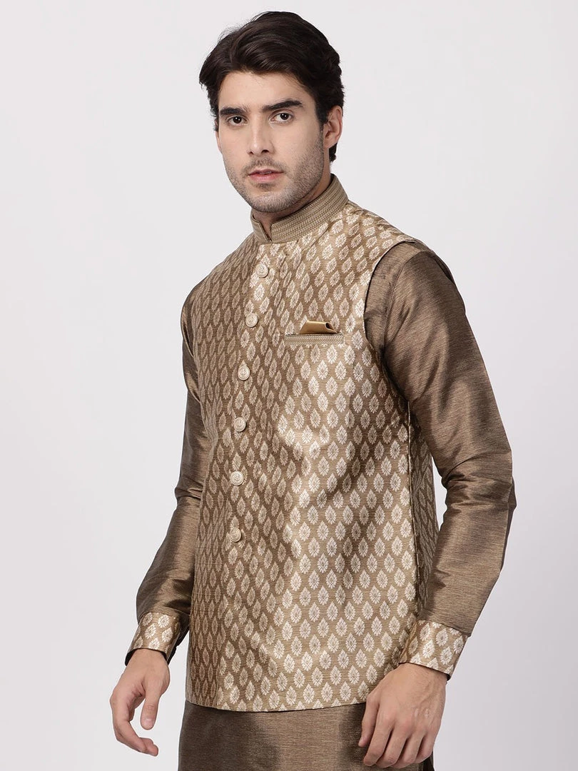 Vastramay Men's Gold Cotton Silk Blend Ethnic Jacket 4 Vastramay Men's Gold Cotton Silk Blend Ethnic Jacket