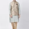 Vastramay Men's Light Green Cotton Silk Blend Kurta, Ethnic Jacket And Pyjama Set Jacket Kurta Sets