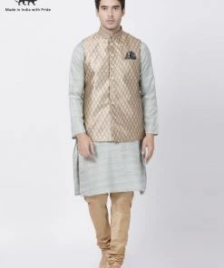 Vastramay Men's Light Green Cotton Silk Blend Kurta, Ethnic Jacket And Pyjama Set Jacket Kurta Sets