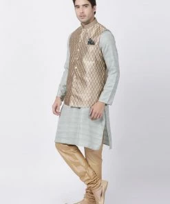 Vastramay Men's Light Green Cotton Silk Blend Kurta, Ethnic Jacket And Pyjama Set Jacket Kurta Sets
