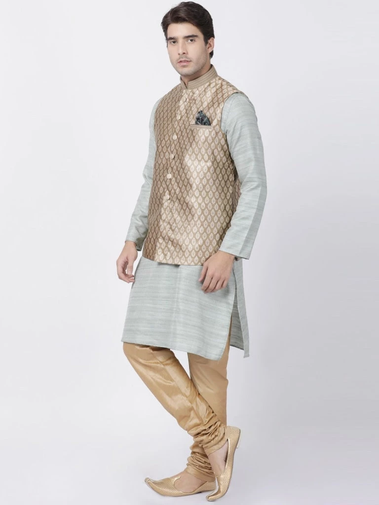 Vastramay Men's Light Green Cotton Silk Blend Kurta, Ethnic Jacket And Pyjama Set Jacket Kurta Sets 4 Vastramay Men's Light Green Cotton Silk Blend Kurta, Ethnic Jacket And Pyjama Set Jacket Kurta Sets