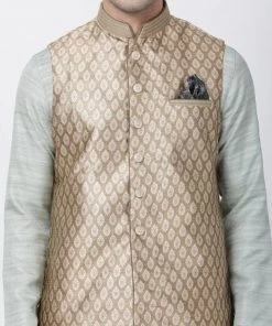 Vastramay Men's Light Green Cotton Silk Blend Kurta, Ethnic Jacket And Pyjama Set Jacket Kurta Sets 10 Vastramay Men's Light Green Cotton Silk Blend Kurta, Ethnic Jacket And Pyjama Set Jacket Kurta Sets