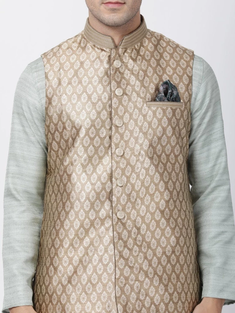 Vastramay Men's Light Green Cotton Silk Blend Kurta, Ethnic Jacket And Pyjama Set Jacket Kurta Sets 5 Vastramay Men's Light Green Cotton Silk Blend Kurta, Ethnic Jacket And Pyjama Set Jacket Kurta Sets