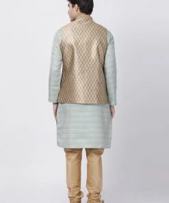 Vastramay Men's Light Green Cotton Silk Blend Kurta, Ethnic Jacket And Pyjama Set Jacket Kurta Sets 11 Vastramay Men's Light Green Cotton Silk Blend Kurta, Ethnic Jacket And Pyjama Set Jacket Kurta Sets