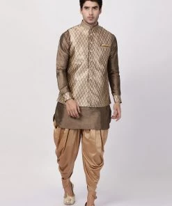 Vastramay Men's Gold Cotton Silk Blend Ethnic Jacket 12 Vastramay Men's Gold Cotton Silk Blend Ethnic Jacket