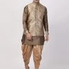 Vastramay Men's Gold Cotton Silk Blend Ethnic Jacket, Kurta And Dhoti Pant Set