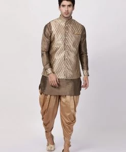 Vastramay Men's Gold Cotton Silk Blend Ethnic Jacket, Kurta And Dhoti Pant Set