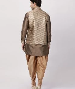 Vastramay Men's Gold Cotton Silk Blend Ethnic Jacket, Kurta And Dhoti Pant Set