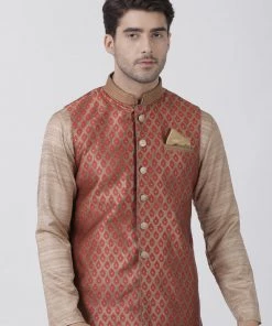 Vastramay Silk Blend Maroon And Gold Baap Beta Ethnic Jacket