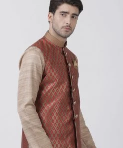Vastramay Men's Maroon Cotton Silk Blend Ethnic Jacket