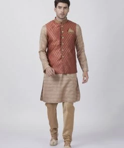 Vastramay Men's Maroon Cotton Silk Blend Ethnic Jacket