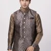 Vastramay Men's Navy Blue Cotton Silk Blend Nehru Jacket
