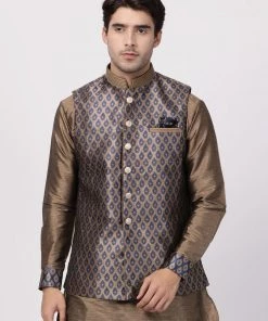 Vastramay Silk Blend Navy Blue And Gold Baap Beta Ethnic Jacket