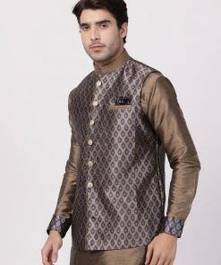 Vastramay Men's Navy Blue Cotton Silk Blend Nehru Jacket
