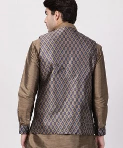 Vastramay Men's Navy Blue Cotton Silk Blend Nehru Jacket